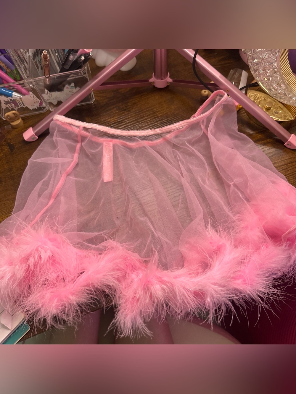 Sugar Thrillz Pink Sheer Mini Skirt with Feather Trim